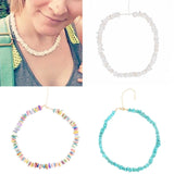 Collage of necklaces and earrings with close-up of a person wearing a beaded puka shell necklace.