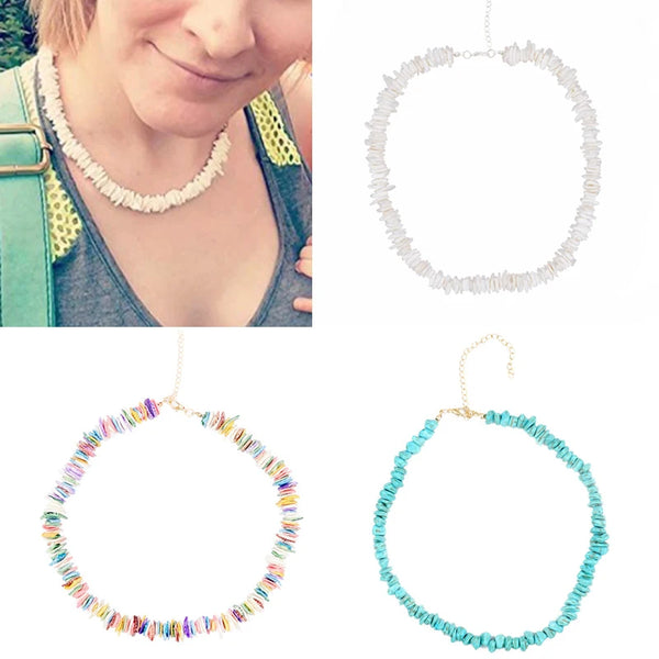 Collage of necklaces and earrings with close-up of a person wearing a beaded puka shell necklace.