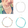 Collage of necklaces and earrings with close-up of a person wearing a beaded puka shell necklace.