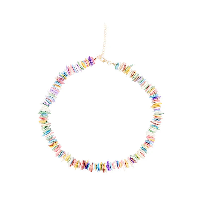 Multicolored beaded puka shell necklace on a white background