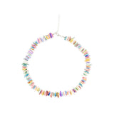 Colorful beaded puka shell necklace on a white background silver chain