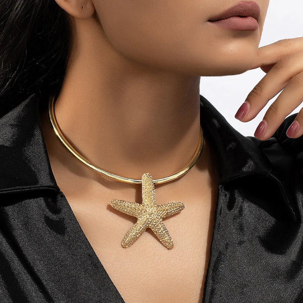 shell necklace-golden choker shell necklace-shell jewelry-starfish choker