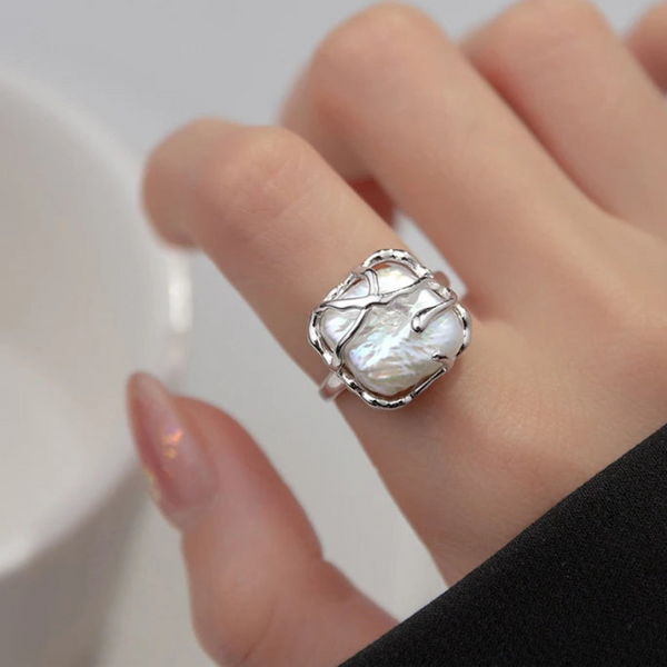 shell ring-silver shell ring-crystal pearl inspered ring-sterling silver pearl ring-shell jewelry