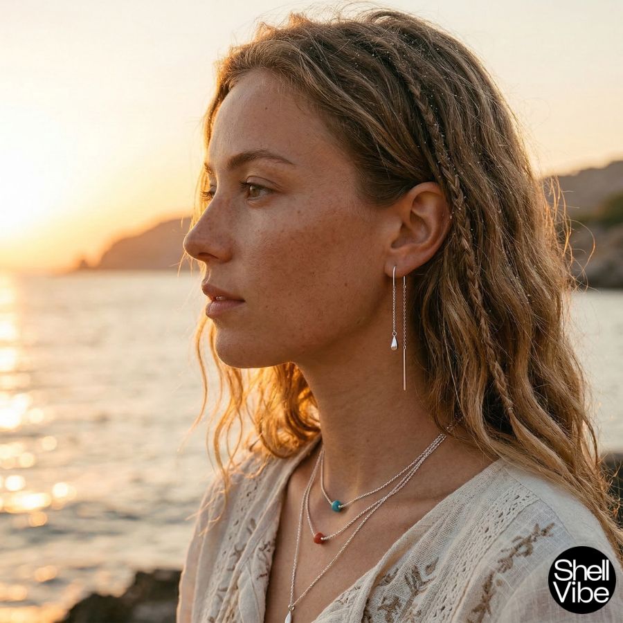 Woman with braided hair and sterling silver earrings standing by a body of water at sunset, wearing 'ShellVibe' jewelry.