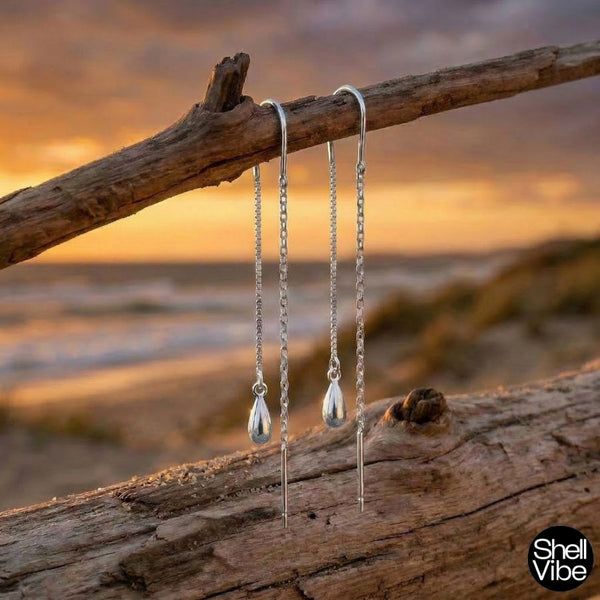 Serling silver earrings on a branch with a sunset beach background