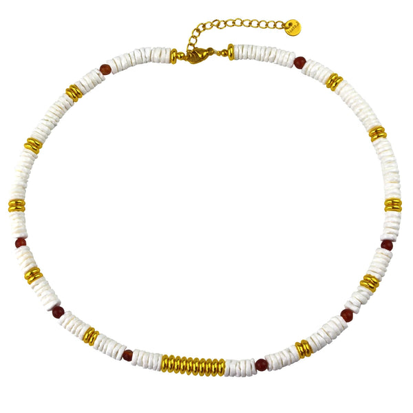 Alt Text 3: Minimalist white shell necklace with subtle gold details displayed on clean background
