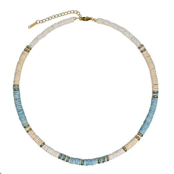  Blue and white natural shell necklace with gold accents shown flat, coastal style jewelry
