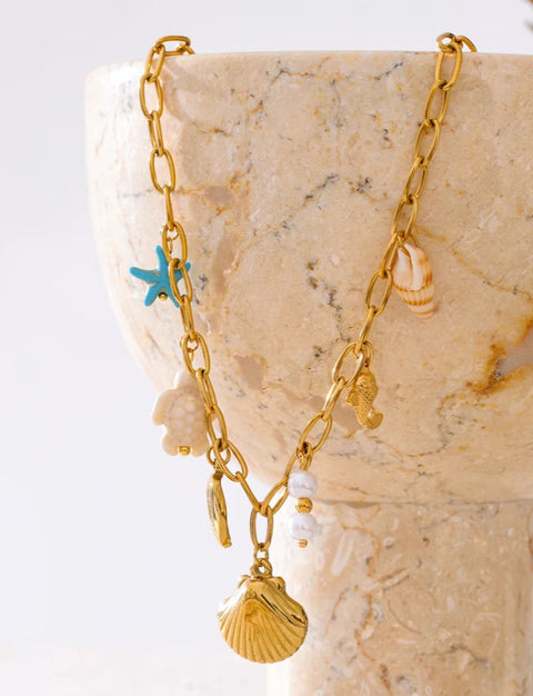 Starfish & Conch Charm Necklaces-shell bracelet-shell jewelry-turquoise bracelet-chain bracelet-beach style-bohemian jewelry-boho style-shell necklaces