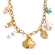 Starfish & Conch Charm Necklaces-shell bracelet-shell jewelry-turquoise bracelet-chain bracelet-beach style-bohemian jewelry-boho style-shell necklaces