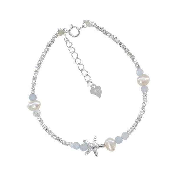Dainty Pearl & Silver Starfish Bracelet-shell jewelry-boho style-beach outfit-boho chic style-bohemian jewelry-coastal look-beach style
