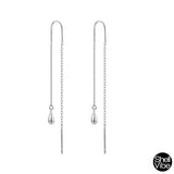 Pair of sterling silver threader earrings with a 'Shell Vibe' logo in the corner.