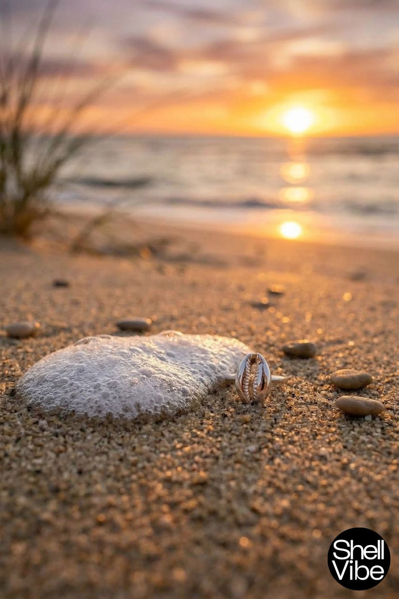 Sterling silver cowrie Shell ring on a beach with a sunset in the background