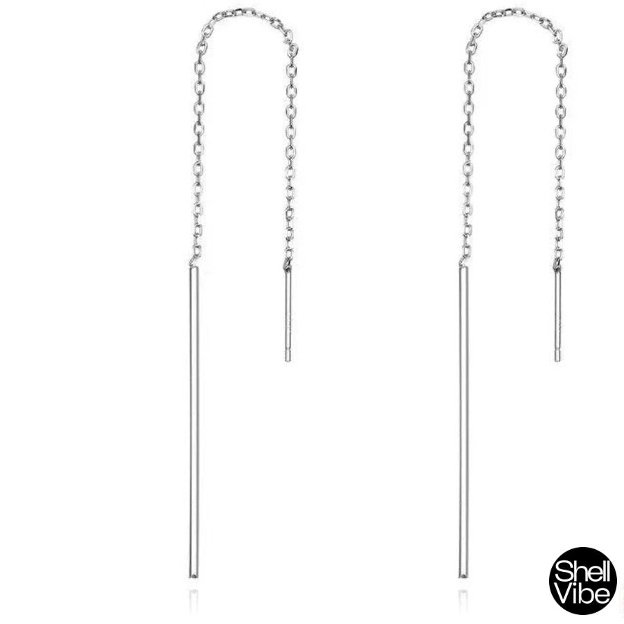 Pair of sterling silver threader earrings on a white background with 'Shell Vibe' logo.