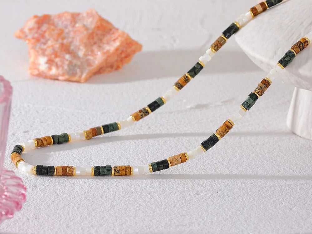 Alt Text 4: Close-up of necklace clasp and extender showcasing shell beads and earthy jasper stones in beach vibes aesthetic.