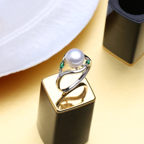 pearl and emerald silver ring- silver pearl ring-silver sterling pearl ring-pearl ring