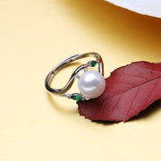 pearl and emerald silver ring- silver pearl ring-silver sterling pearl ring-pearl ring