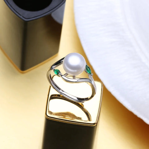 pearl and emerald silver ring- silver pearl ring-silver sterling pearl ring-pearl ring