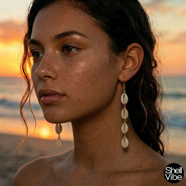 Woman wearing shell earrings with a sunset and beach in the background