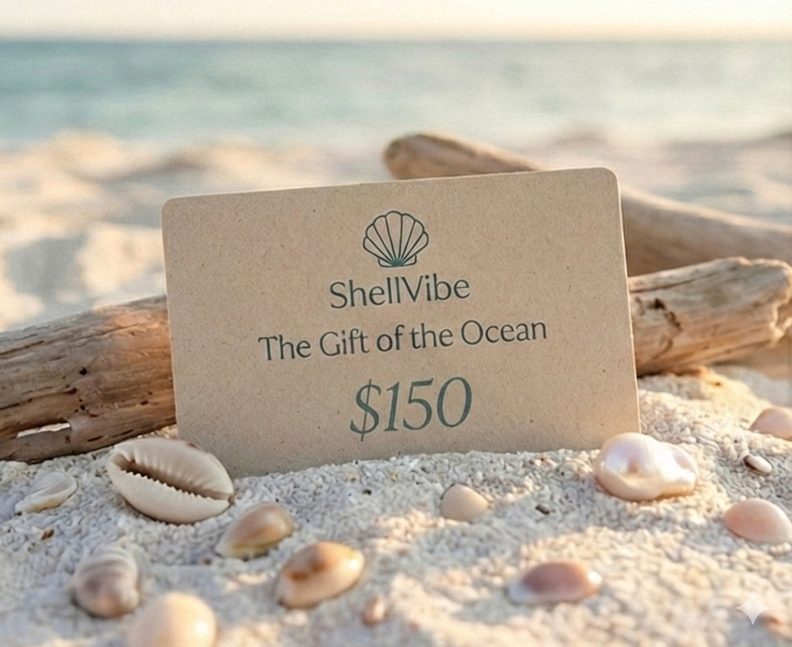 ShellVibe gift card on a beach with seashells and driftwood