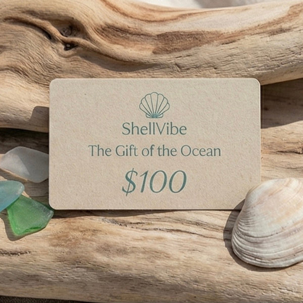 ShellVibe gift card for $100 on a wooden surface with seashells and glass beads.