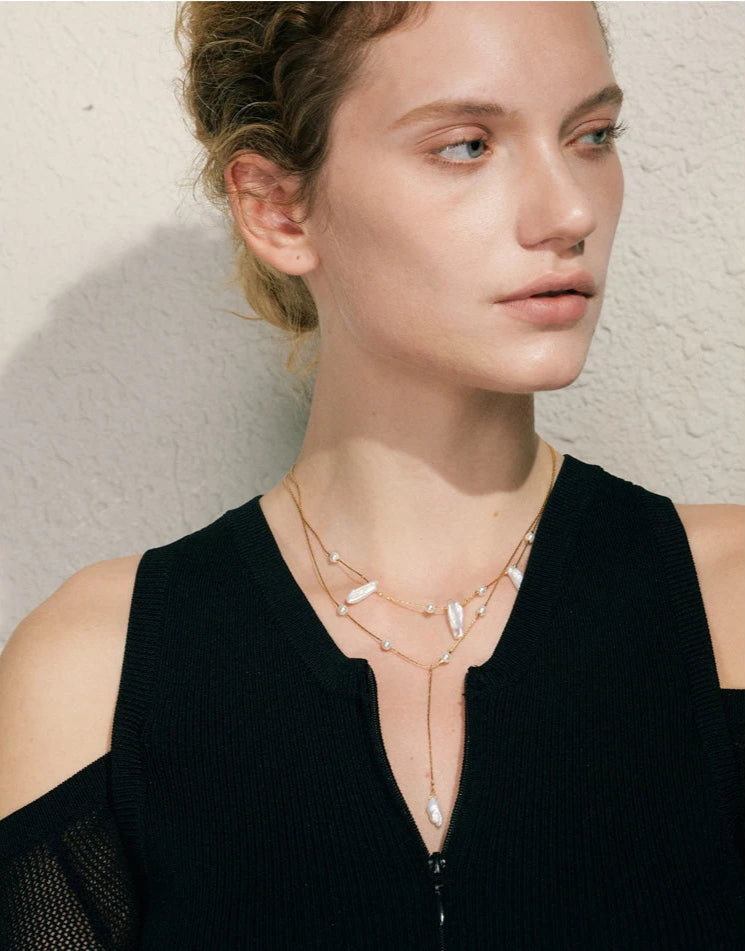 Golden cascade baroque pearl necklace-baroque pearl necklace-pearl necklace-shell necklace-shell jewelry-layered pearl necklace