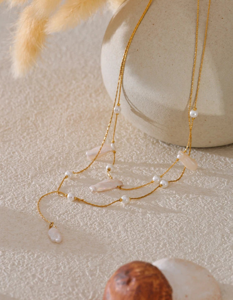 Golden cascade baroque pearl necklace-baroque pearl necklace-pearl necklace-shell necklace-shell jewelry-layered pearl necklace