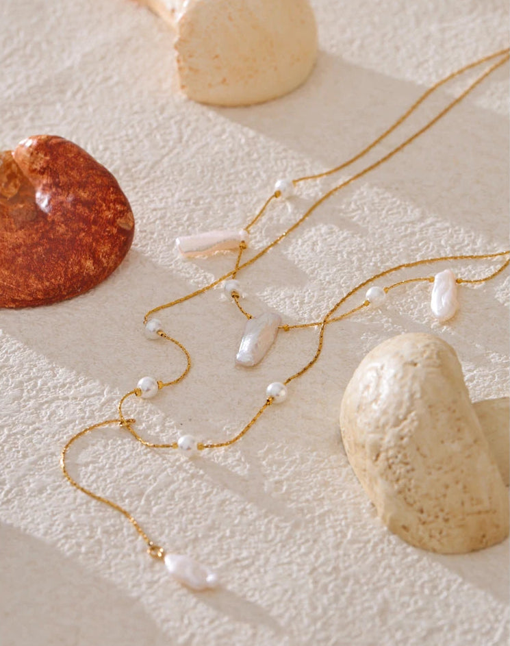 Golden cascade baroque pearl necklace-baroque pearl necklace-pearl necklace-shell necklace-shell jewelry-layered pearl necklace