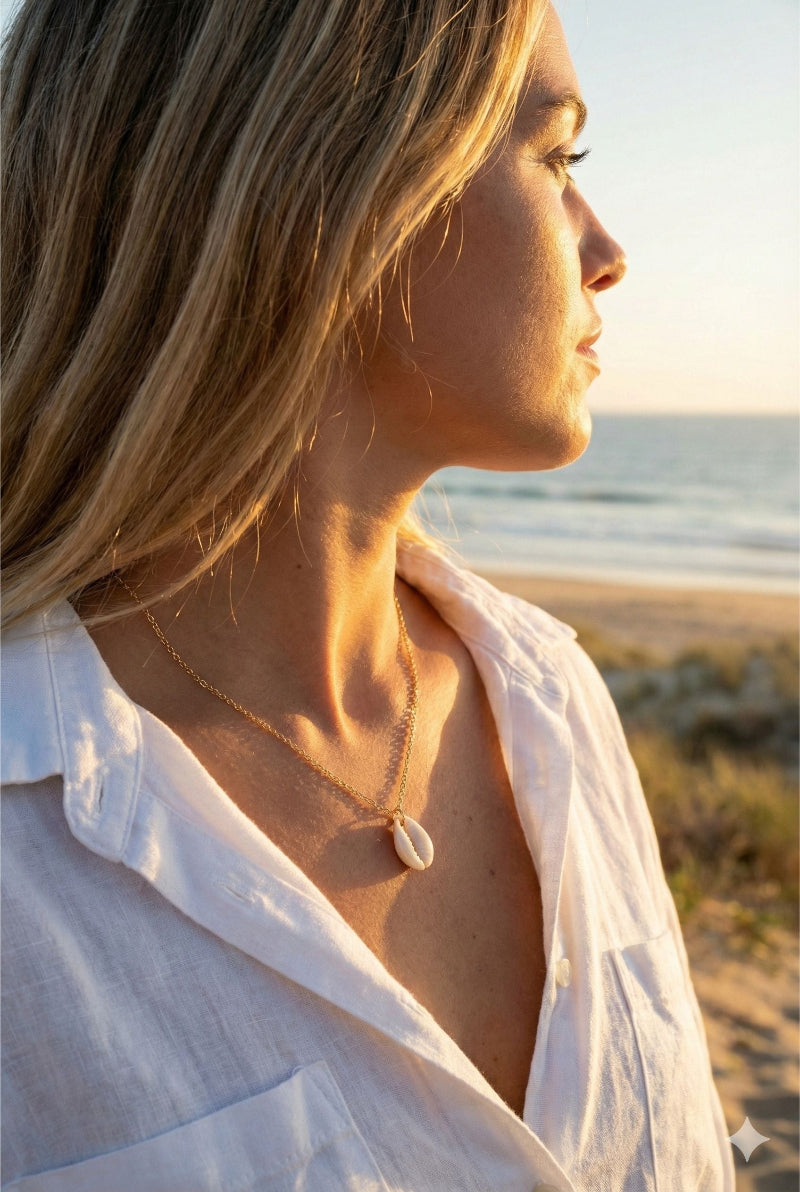 Woman in a white shirt standing  AND WEARING A COWRIE SHELL NECLACE on a beach with sunlight casting a warm glow.