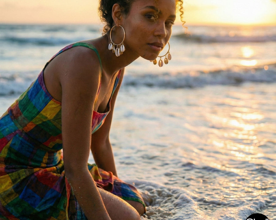Woman in a colorful dress sitting by the ocean at sunset with Golden Cowrie Hoops