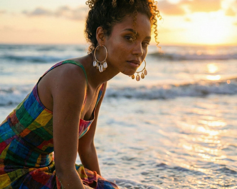 Woman in a colorful dress sitting by the ocean at sunset with Golden Cowrie Hoops