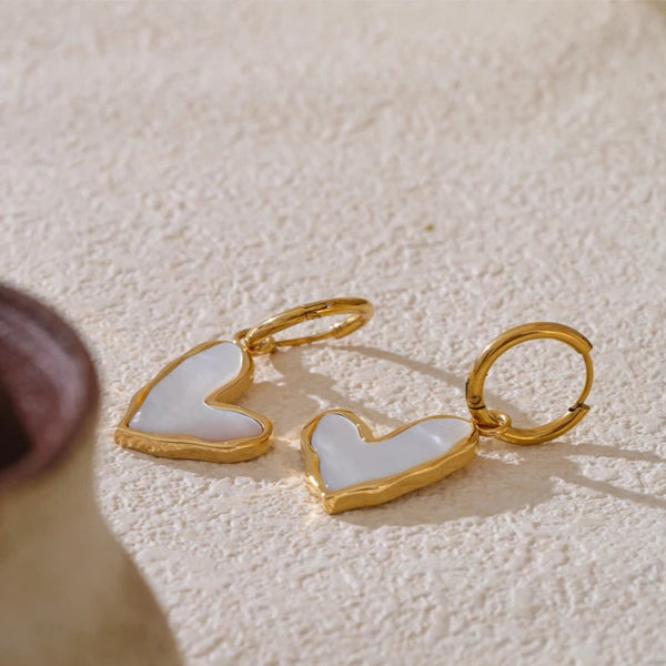 Golden Mother of Pearl Heart Drop Earrings-shell earing-nacre heart earrings-heart earrings-shell jewelry-gold earrings 