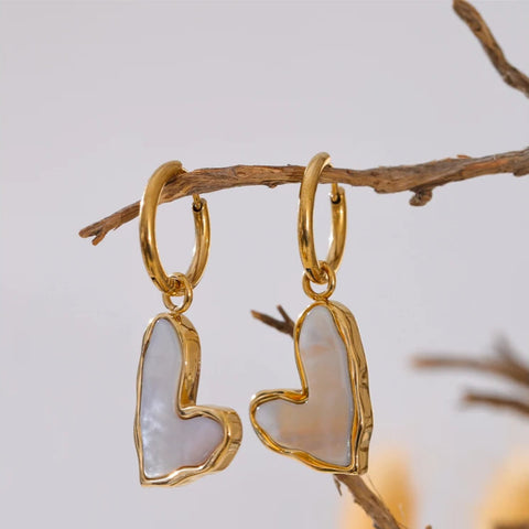 Golden Mother of Pearl Heart Drop Earrings-shell earing-nacre heart earrings-heart earrings-shell jewelry-gold earrings 