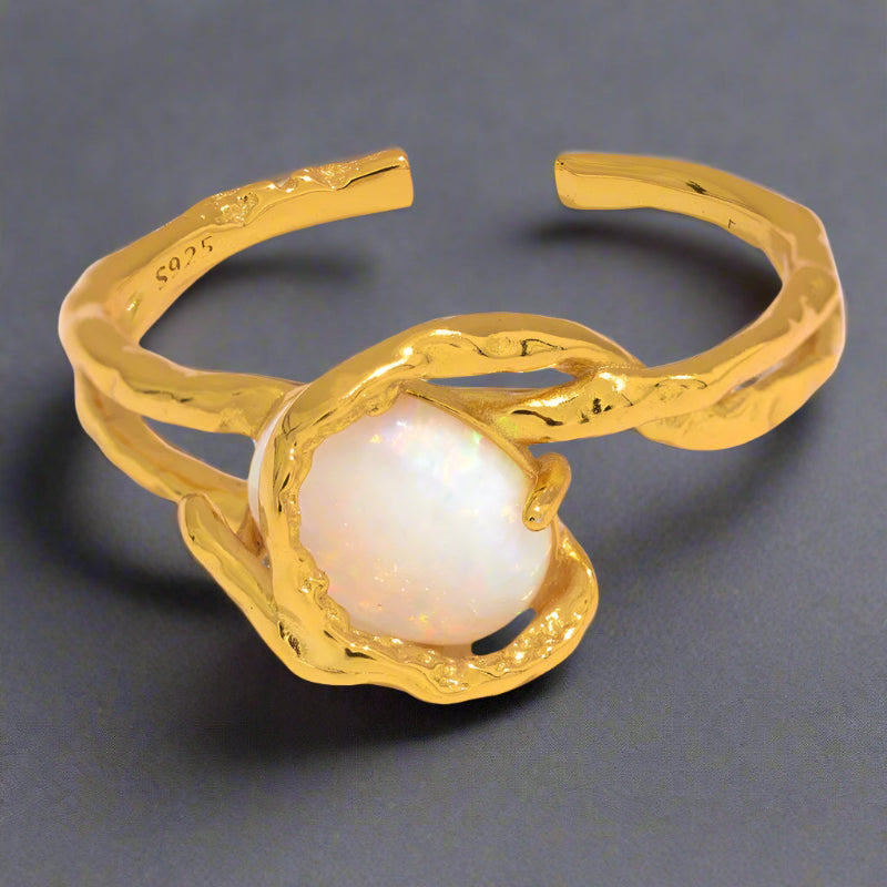 golden opal ring-silver ring-shell ring-ocean inspired rin-boho style ring
