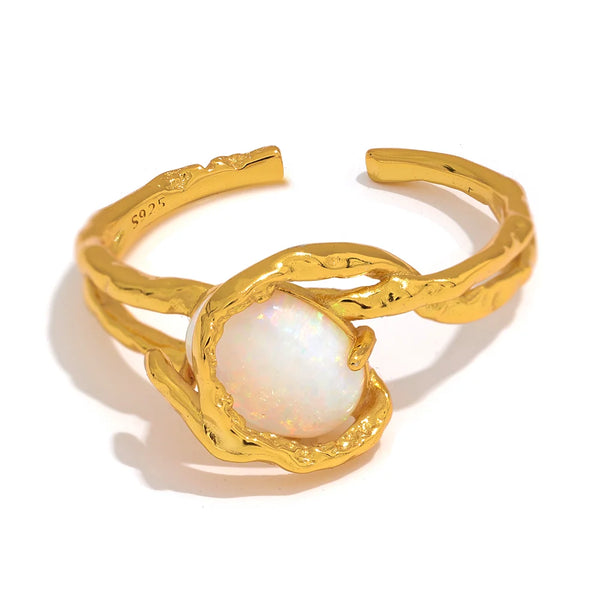 golden opal ring-silver ring-shell ring-ocean inspired rin-boho style ring
