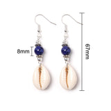 Pair of earrings with cowrie shells and blue beads, shown with measurements on a white background.