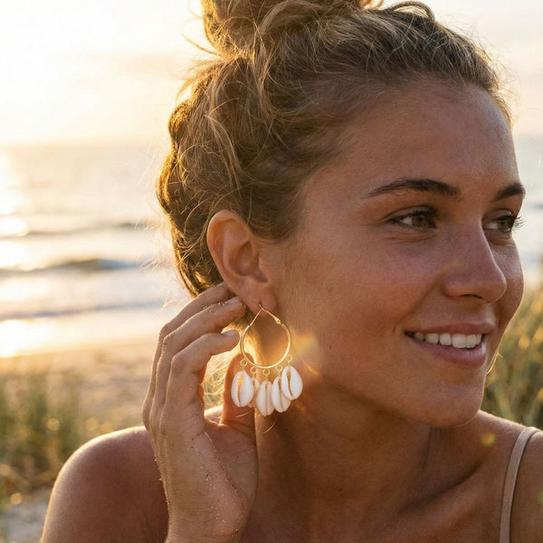Woman wearing large cowrie hoop earrings with a blurred natural background