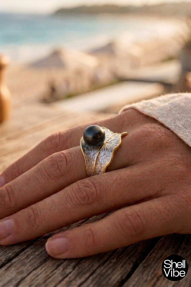 Hand wearing a sterling silver and gold pearl ring with a blurred beach background
