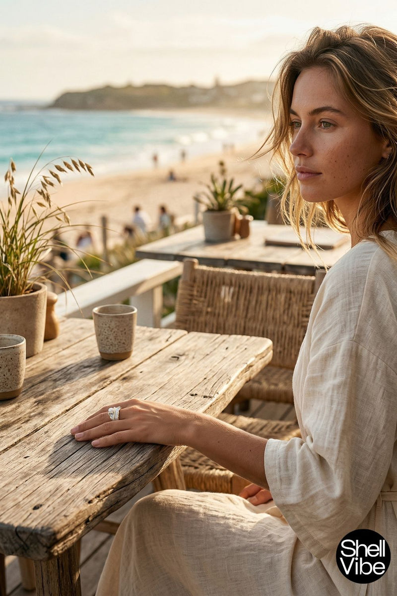 Woman sitting at a wooden table by the beach with a scenic view, wearing a sterling silver and gold pearl ring with a blurred beach background