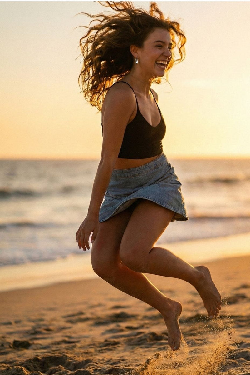 young womang wearing silver tear drop earring jumping on the beach at sunset