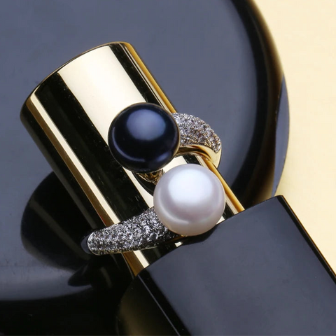 Pearl Ring-chic silver ring-925 sterling silver ring-pearl ring-Duo pearl ing and zirkon