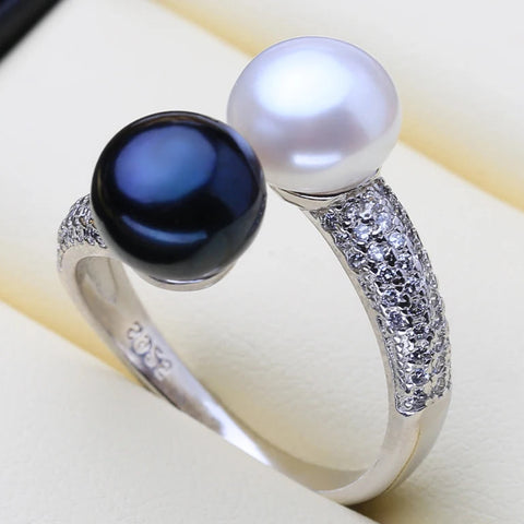 Pearl Ring-chic silver ring-925 sterling silver ring-pearl ring-Duo pearl ing and zirkon