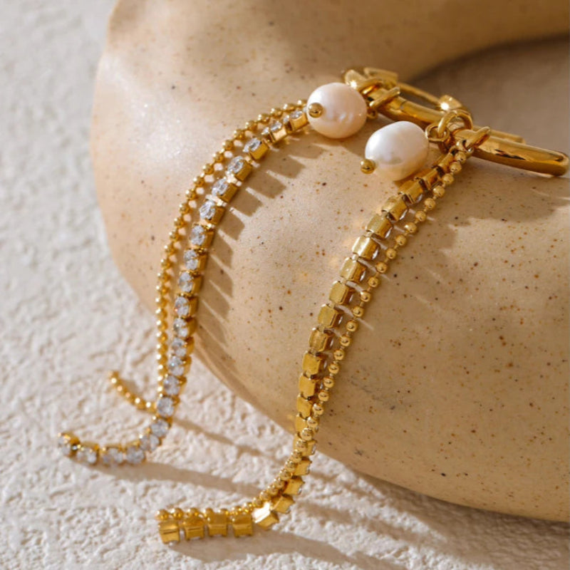 Shell earrings-shell jewelry-dangle pearl earrings-gold C&Z pearl earrings