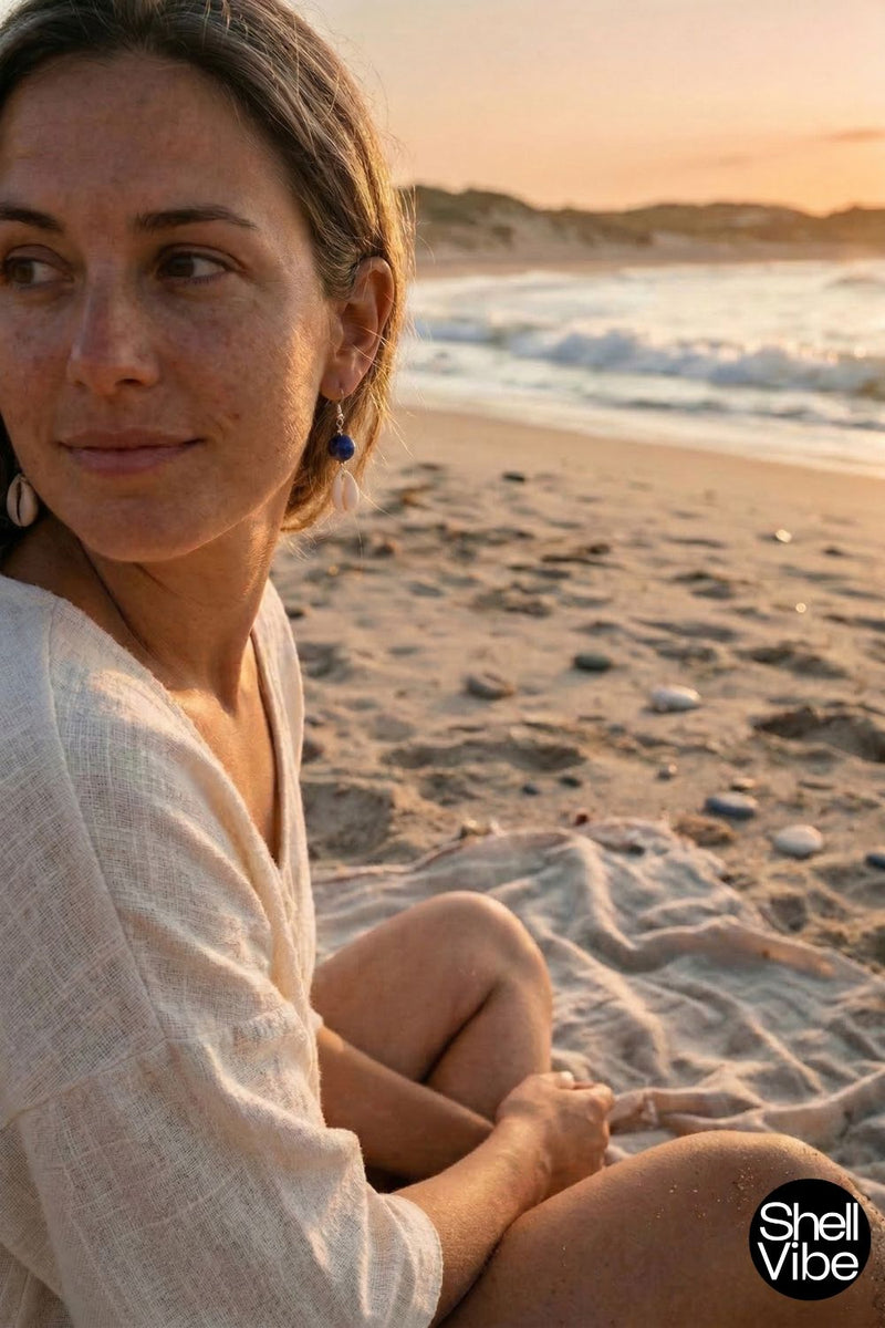 Woman sitting on a beach with ocean waves and sunset in the background, wearing cowrie earring dangles