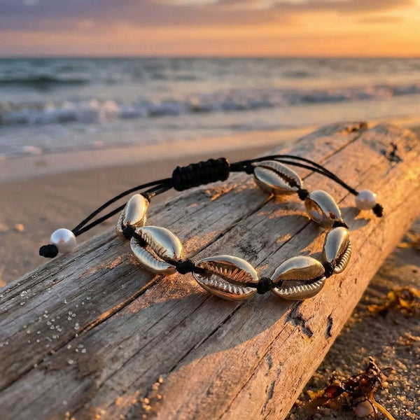 Bracelet with golden cowrie shells on a wooden log by the beach at sunset