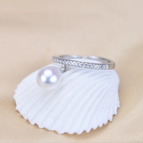 shell ring-silver pearl ring-cocktail ring-shell jewerly-seashell jewelry-silver pearl and zirkon ring