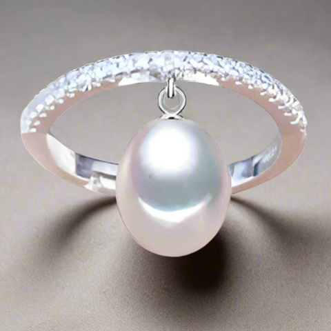 shell ring-silver pearl ring-cocktail ring-shell jewerly-seashell jewelry-silver pearl and zirkon ring