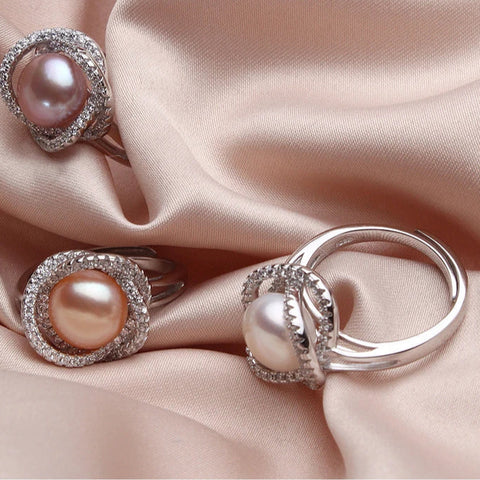 Pearl Ring-chic silver ring-925 sterling silver ring-pearl ring-zircon halo pearl ring