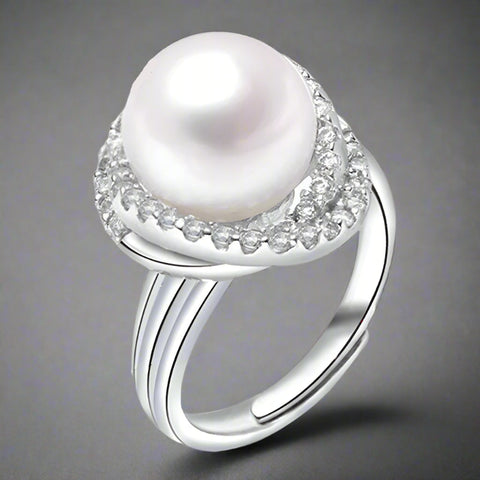 Pearl Ring-chic silver ring-925 sterling silver ring-pearl ring-zircon halo pearl ring