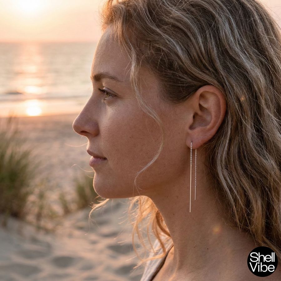Woman on a beach at sunset wearing sterling silver earrings with a blurred background