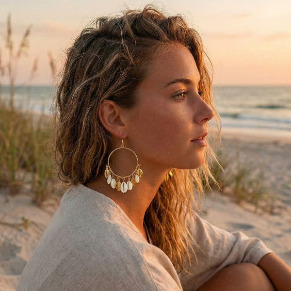 Woman on a beach with ocean view wearing large gold cowrie hoop earrings.